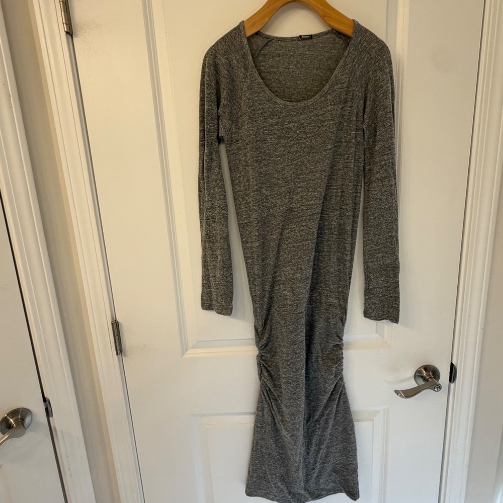 Monrow Heather Gray Ruched Side Long Sleeve Scoop Neck Midi Dress XS RN119412
